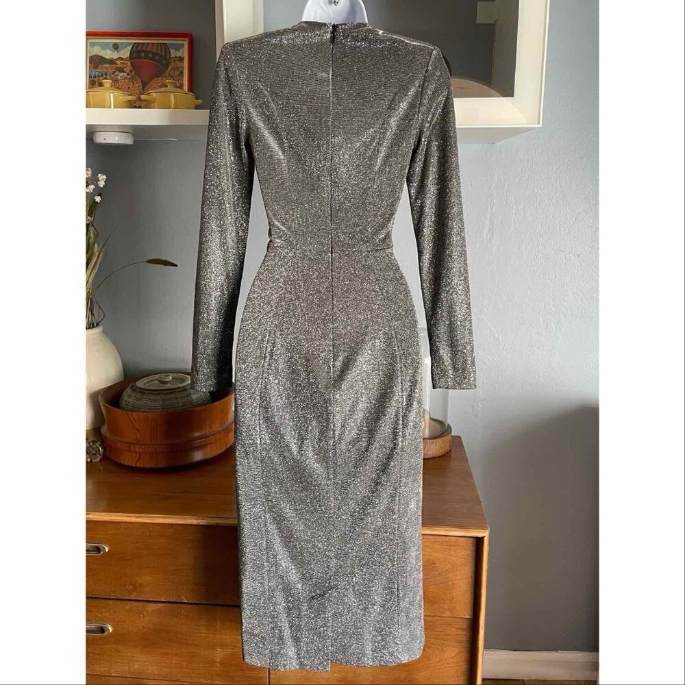 House of CB London Paolina Silver Sparkle Dress Bodycon Long Sleeve - Picture 5 of 12